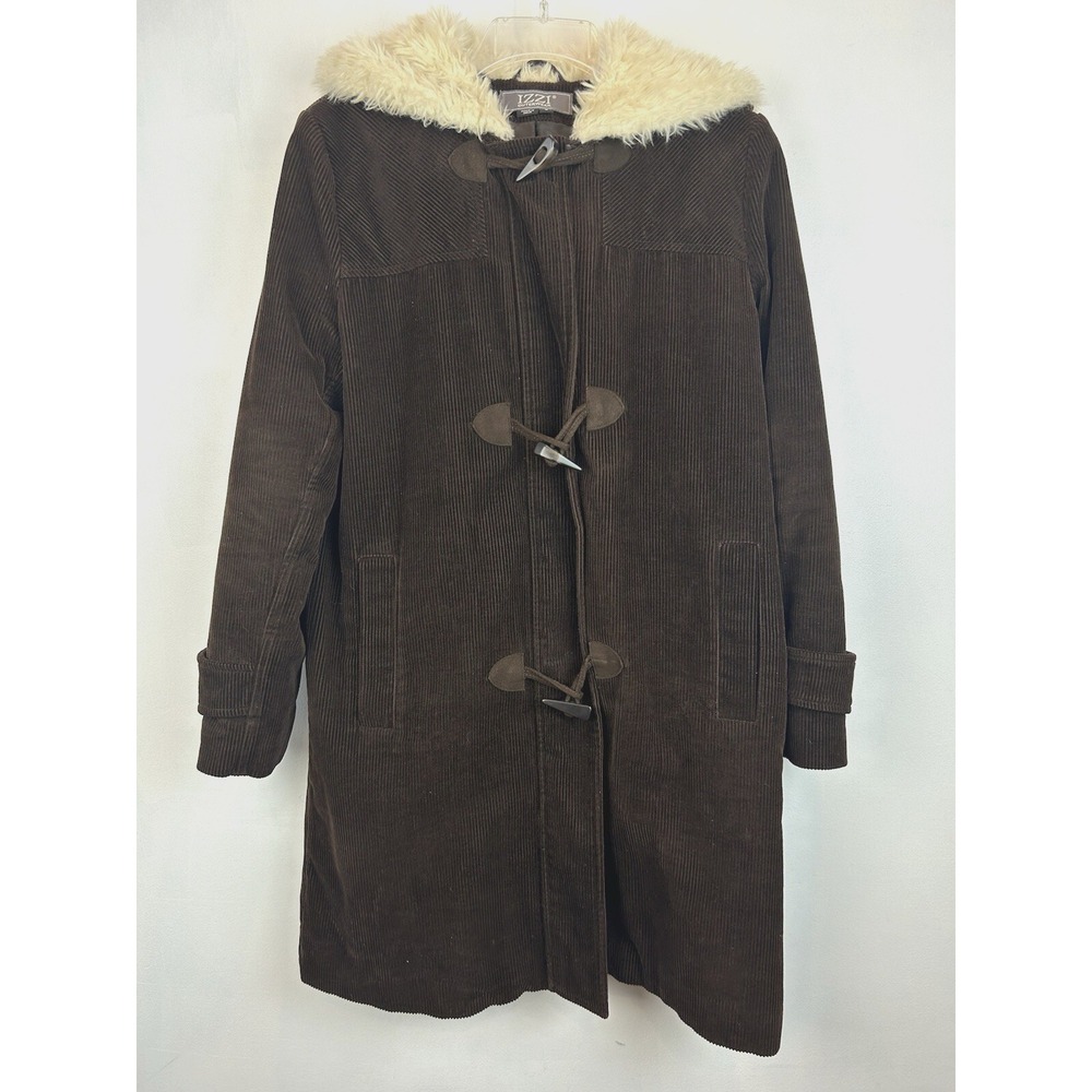 Vintage Corduroy Coat Womens Small Toggle Button Faux Fur Hood Zip Brown Parka